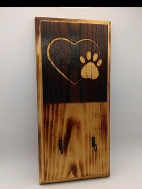 Wood Burned Key Holder Rustic Heart & Paw